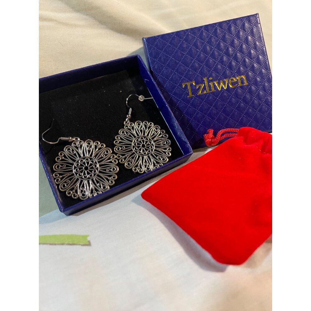Tzliwen Intricate Sterling silver  Filigree Flower Drop Earrings With Gift Box &